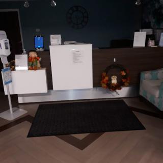 A modern reception area featuring a sleek desk and welcoming decor.