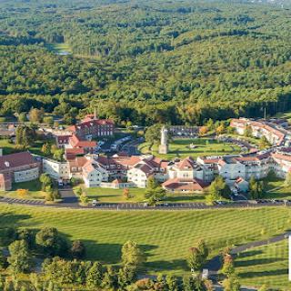 An aerial view of a picturesque town surrounded by lush greenery and forests.