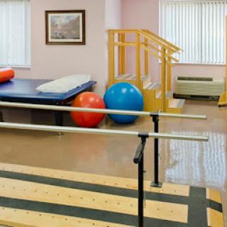A well-equipped physical therapy room featuring exercise balls, therapy bars, and rehabilitation tools.