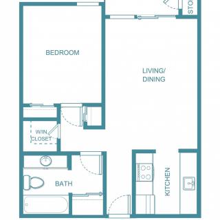 A floor plan showing a one-bedroom apartment layout with a living/dining area, kitchen, and bathroom.