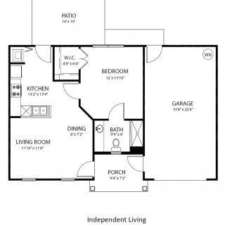 Floor plan of an independent living space featuring one bedroom, a bathroom, kitchen, living room, dining area, garage, and patio.