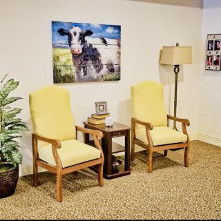 A cozy waiting area featuring two yellow cushioned chairs, a small wooden table, and a cow painting on the wall.