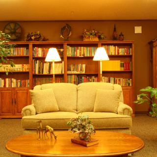 A cozy living room with bookshelves filled with books, a comfortable sofa, and warm lighting.