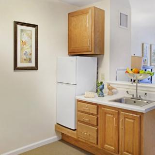 A compact kitchen corner featuring wooden cabinets, a white refrigerator, and a sink with a fruit bowl on the counter.