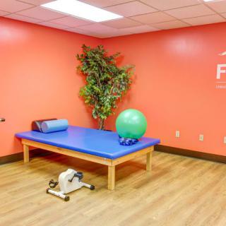 A physical therapy room equipped with a therapy table, yoga mat, exercise ball, pedal exerciser, and an indoor plant against a vibrant orange wall.
