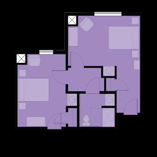A schematic floor plan showing the layout of multiple rooms in a building.