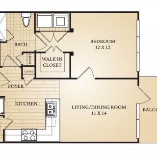 A floor plan of a one-bedroom apartment featuring a living/dining room, kitchen, bathroom, walk-in closet, and balcony.