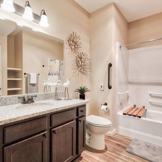 A modern bathroom featuring a granite countertop, elegant decor, and a bathtub with wood accents.
