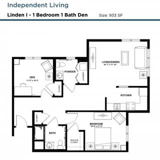 Floor plan of a 1-bedroom, 1-bathroom apartment with a den for independent living.