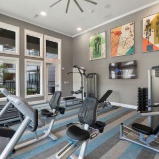 A modern gym with various exercise machines and bright artwork on the walls.