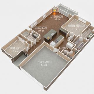 A 3D floor plan of an apartment with labeled rooms.