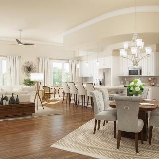 A modern open-concept living space featuring a cozy living room, elegant dining area, and sleek kitchen with bar seating.