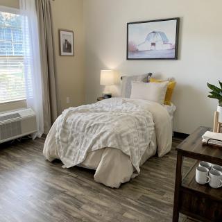 A cozy and modern bedroom featuring a single bed with soft bedding, a bedside table with a lamp, and wall art.