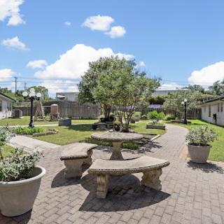 A serene garden with stone benches and lush greenery under a bright blue sky.