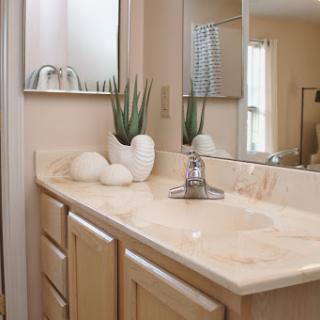 A well-organized bathroom vanity with a sleek marble countertop, decorative plants, and a mirror reflecting light.