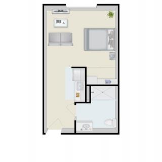 A minimalist floor plan of a one-bedroom apartment with an open layout.