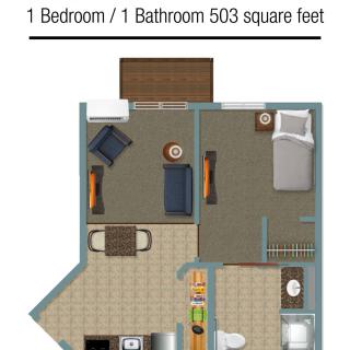 A floor plan of a 1 bedroom, 1 bathroom apartment with 503 square feet.