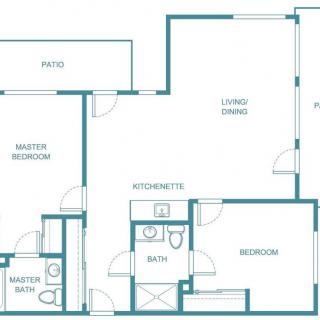 This is a floor plan of an apartment featuring two bedrooms, two bathrooms, a kitchenette, a living/dining area, and a patio.