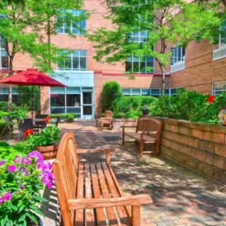 A tranquil garden patio area with wooden benches, colorful flowers, and lush greenery in front of a brick building.