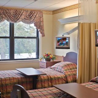 A hospital room with two beds, separated by a curtain, and a window overlooking greenery.