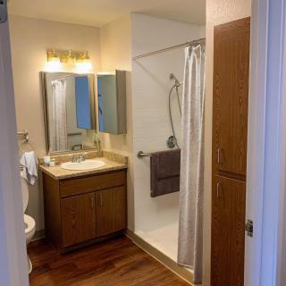 A well-organized bathroom with a sink, mirror, and shower area.