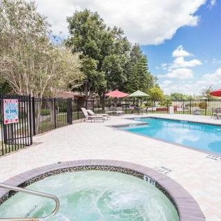 A sunny outdoor area featuring a swimming pool and hot tub surrounded by trees and lounge chairs.