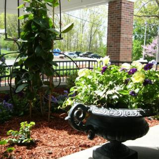 A serene garden scene with lush greenery and a decorative planter filled with vibrant flowers.
