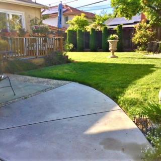 A sunny backyard with a patio and well-kept lawn.