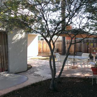 A peaceful backyard with a tree providing shade over a patio area featuring outdoor furniture.
