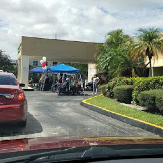A drive-through scene at an outdoor event with a canopy, palm trees, and cars lined up.