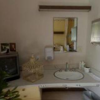 A bathroom with a sink, mirror, and soap dispenser on the countertop.