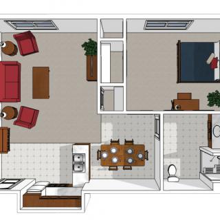A detailed floor plan of a one-bedroom apartment featuring a living room, kitchen, dining area, bathroom, and bedroom.