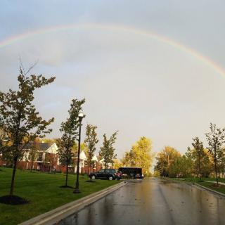 A beautiful rainbow arches over a quiet residential street lined with trees and houses.