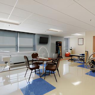 A rehabilitation therapy room equipped with a table, chairs, wheelchair, and exercise equipment.