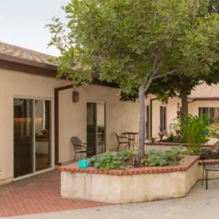 A cozy courtyard with a small garden, featuring trees, patio furniture, and adjacent building walls.