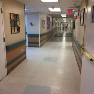 A clean and well-lit hospital corridor with artwork on the walls.