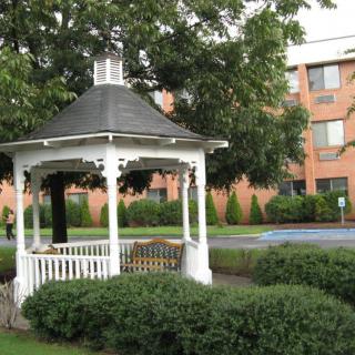 A charming white gazebo surrounded by greenery with a brick building in the background.