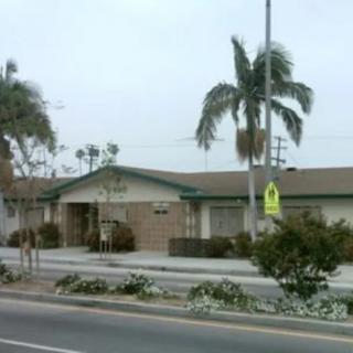 A school building located next to a street lined with palm trees on a cloudy day.