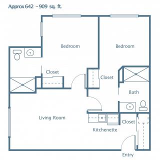 A floor plan of a two-bedroom, one-bathroom apartment approximately 800 square feet in size.