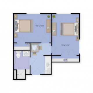 A floor plan depicting a two-bedroom apartment with labeled living spaces.