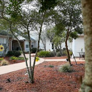 A peaceful residential area with a landscaped garden and pathway.