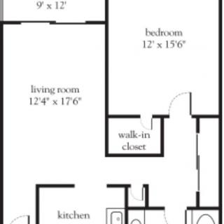 This image is a floor plan of an apartment, showing the layout of rooms including a living room, bedroom with walk-in closet, kitchen, and bathroom.