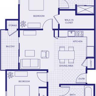 An architectural floor plan of a two-bedroom apartment featuring a living area, kitchen, dining space, and balcony.