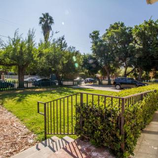 A sunny day in a park-like area with trees, grass, and parked vehicles.