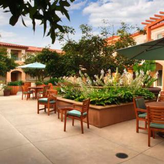 A serene courtyard with outdoor seating and lush greenery.