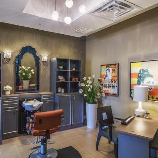 A stylish salon interior with a hairstyling chair, decorative mirror, artwork, and potted plants.