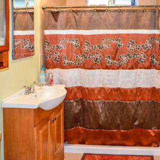 A bathroom featuring a colorful shower curtain, a sink with wooden cabinetry, and a wall-mounted mirror.