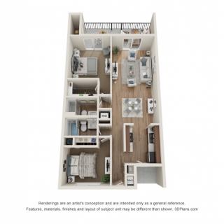 A detailed apartment floor plan showing two bedrooms, a living room, kitchen, dining area, bathroom, and a balcony.