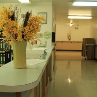 A hospital hallway with a reception desk and a vase of yellow flowers.