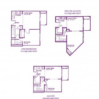 Blueprints of different apartment layouts highlighting one-bedroom and two-bedroom designs.